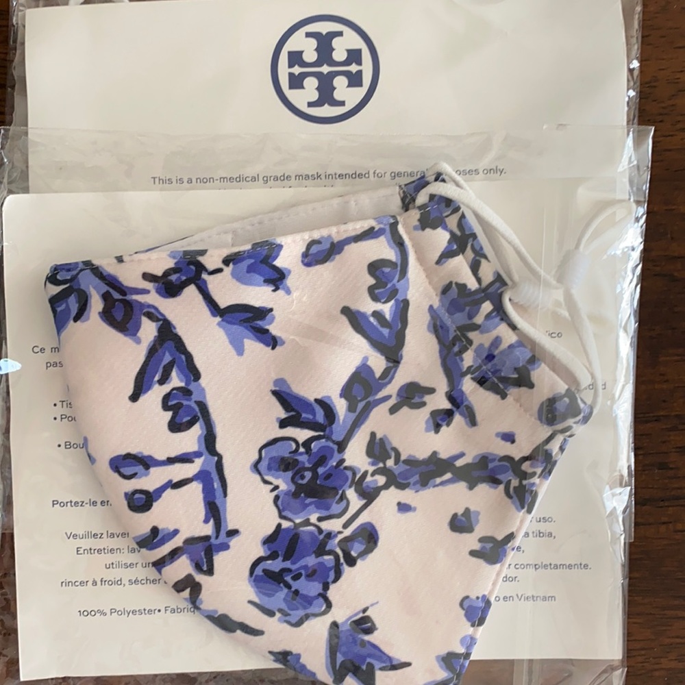Tory Burch face mask blue white silk tb